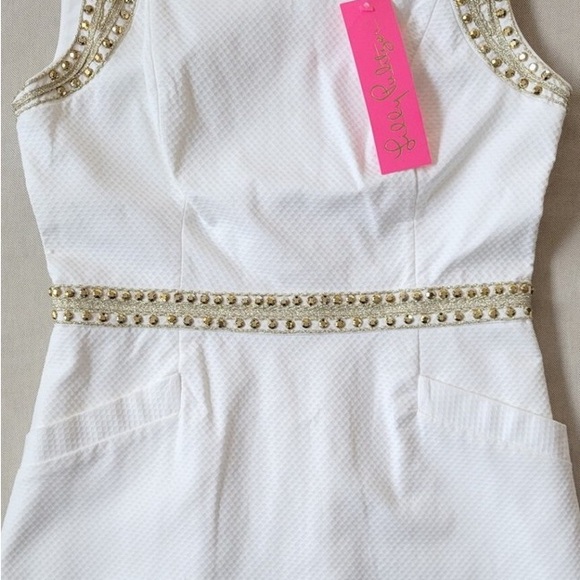Lily Pulitzer Dana Shift Dress. Elegant White Dress with Gold Accents - Picture 3 of 6